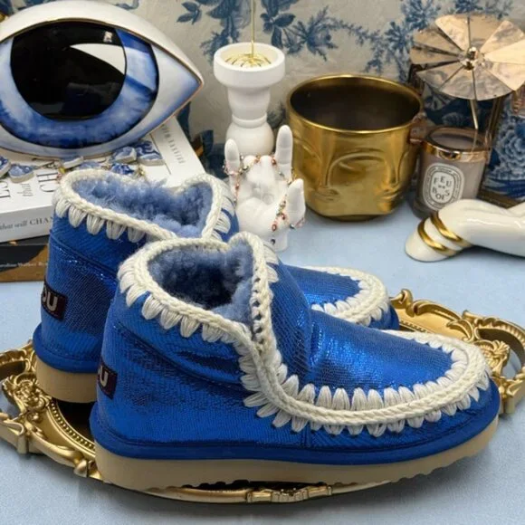 🆕 MOU 🧿 NWOT WOB Metallic Stingray Effect Blue Eskimo Ankle Boot, Sz EU 37 - Picture 9 of 13
